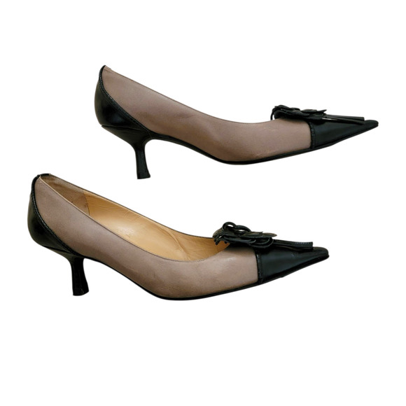 Chanel Vintage CC Camellia Pumps Pointed Toe Brown Black Kitten Heels 6 36.5 - Picture 6 of 14